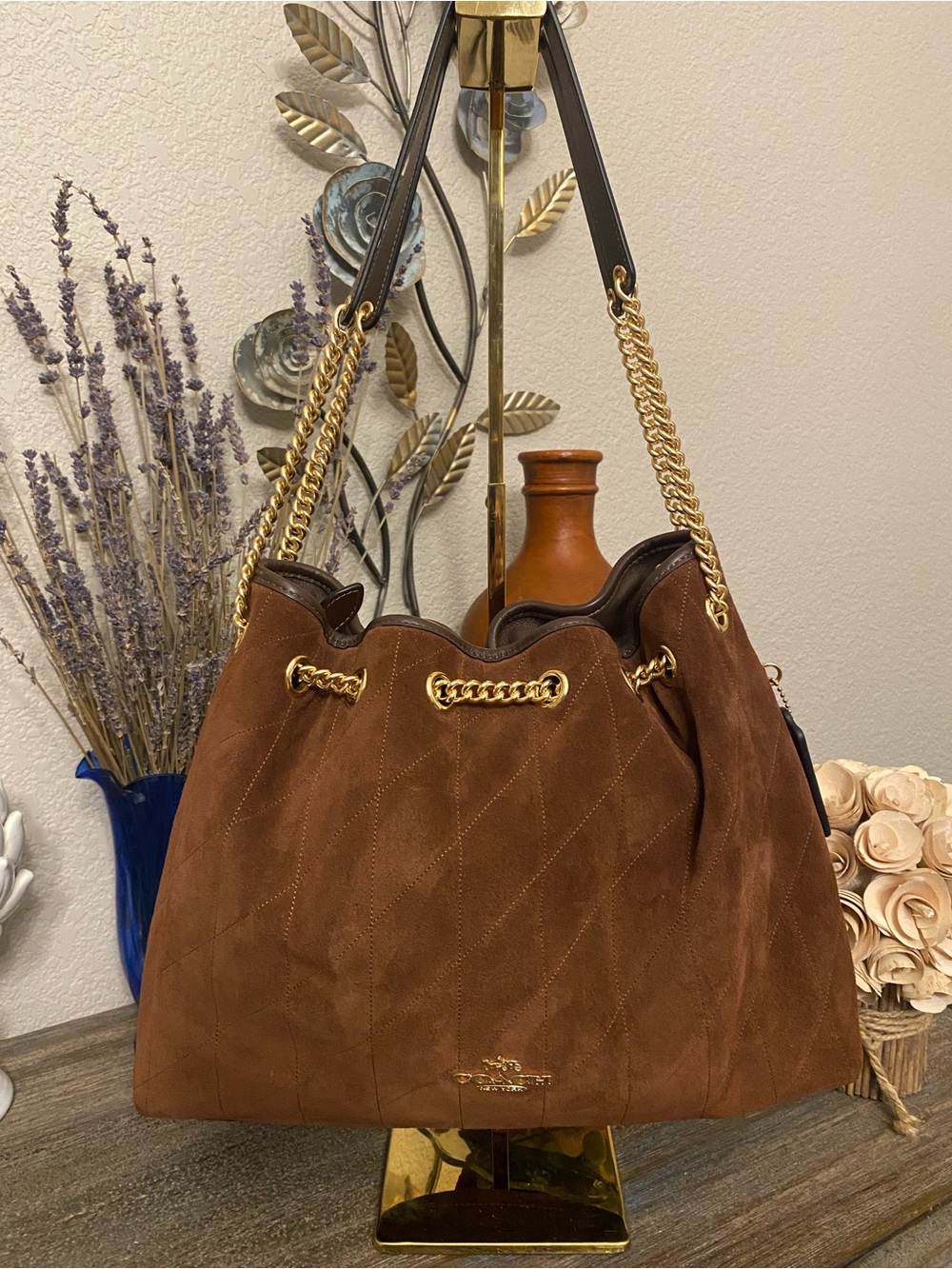 NWT Coach Evelyn Large Shoulder Brown Suede